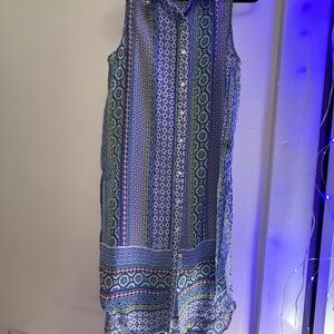 Boho Tile Print Sleeveless Button Front Midi Shirt Dress Size M